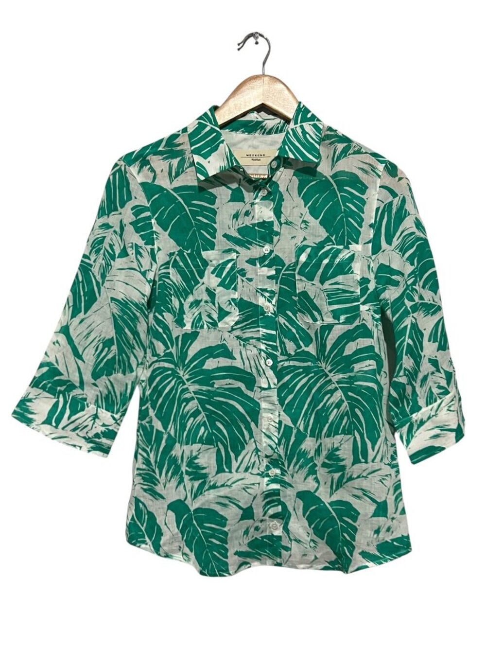 Weekend Max Mara White & Green Tropical Print Shirt Ramie Sz 8